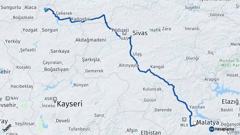 Yozgat Aydıncık Malatya Arası Kaç Km - Yol Haritası