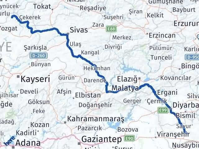 Yozgat Aydıncık Mardin Arası Kaç Km - Yol Haritası