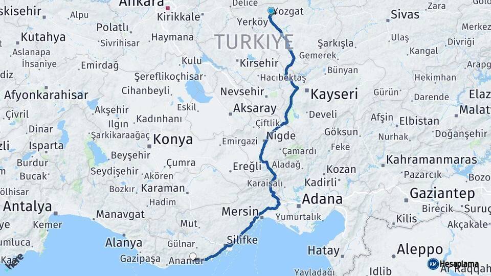 Yozgat Aydıncık Mersin Arası Kaç Km - Yol Haritası
