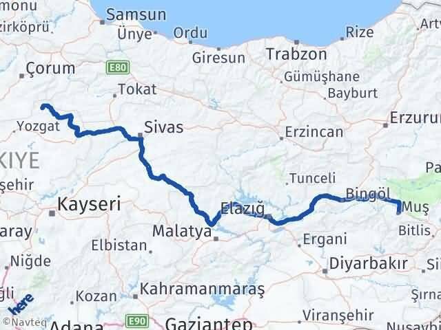 Yozgat Aydıncık Muş Arası Kaç Km - Yol Haritası