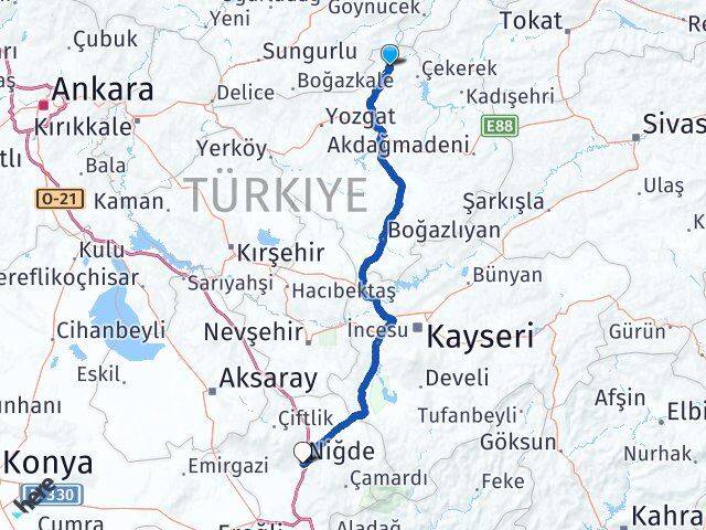 Yozgat Aydıncık Niğde Arası Kaç Km - Yol Haritası