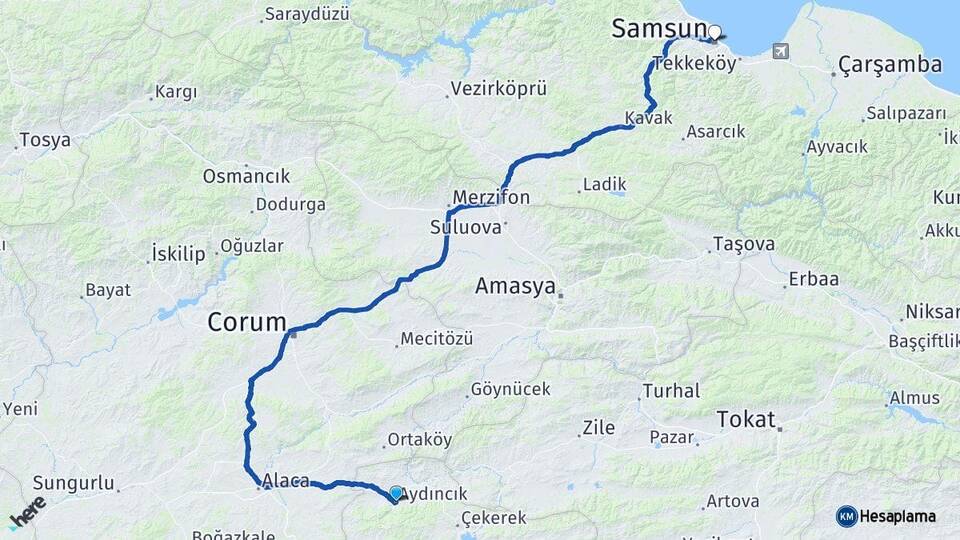 Yozgat Aydıncık Samsun Arası Kaç Km - Yol Haritası