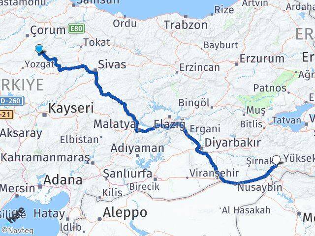 Yozgat Aydıncık Şırnak Arası Kaç Km - Yol Haritası