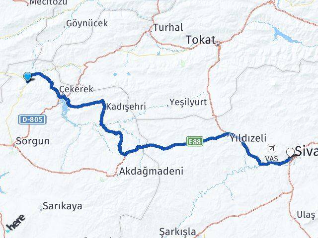 Yozgat Aydıncık Sivas Arası Kaç Km - Yol Haritası