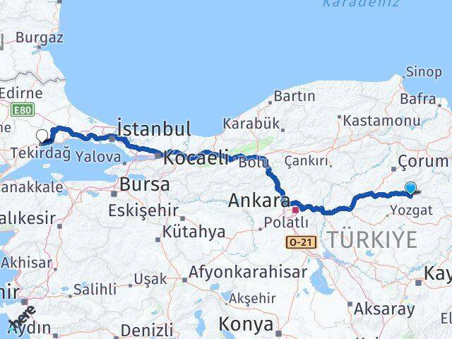 Yozgat Aydıncık Tekirdağ Arası Kaç Km - Yol Haritası