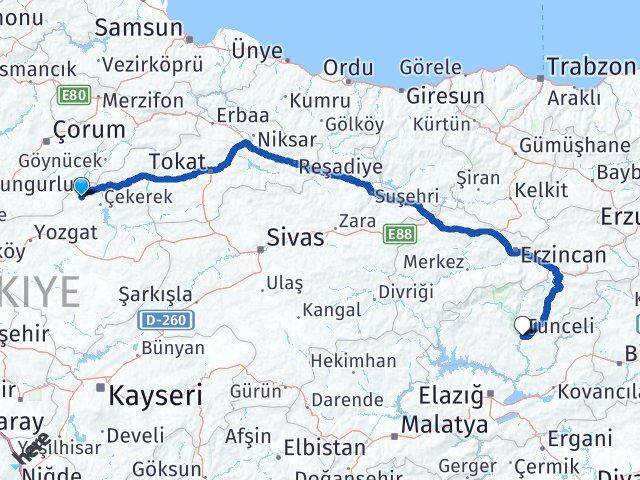 Yozgat Aydıncık Tunceli Arası Kaç Km - Yol Haritası