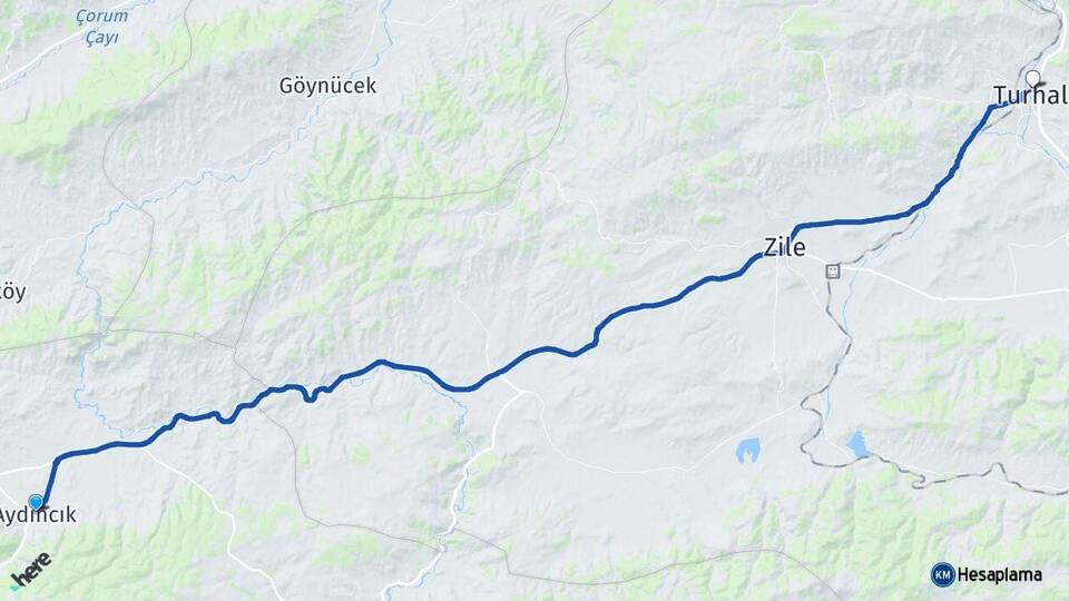 Yozgat Aydıncık Turhal Tokat Arası Kaç Km - Yol Haritası