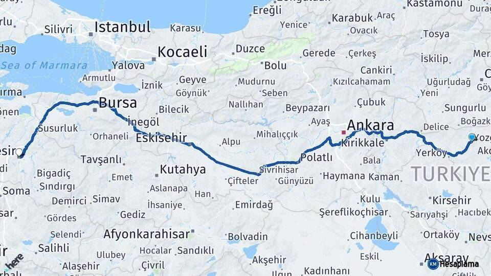 Yozgat Balıkesir Arası Kaç Km - Yol Haritası