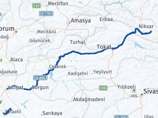 Yozgat Başçiftlik Tokat Arası Kaç Km - Yol Haritası