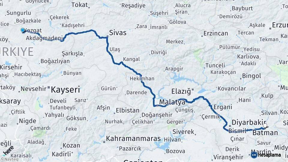 Yozgat Batman Arası Kaç Km - Yol Haritası