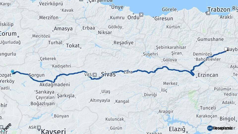 Yozgat Bayburt Arası Kaç Km - Yol Haritası