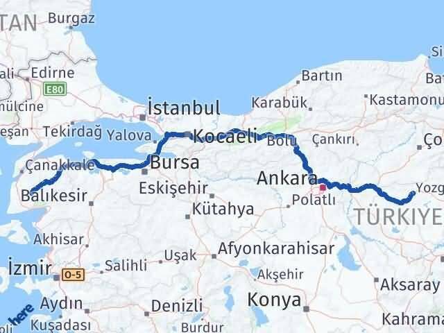 Yozgat Bayramiç Çanakkale Arası Kaç Km - Yol Haritası