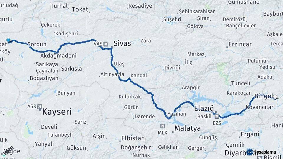 Yozgat Bingöl Arası Kaç Km - Yol Haritası