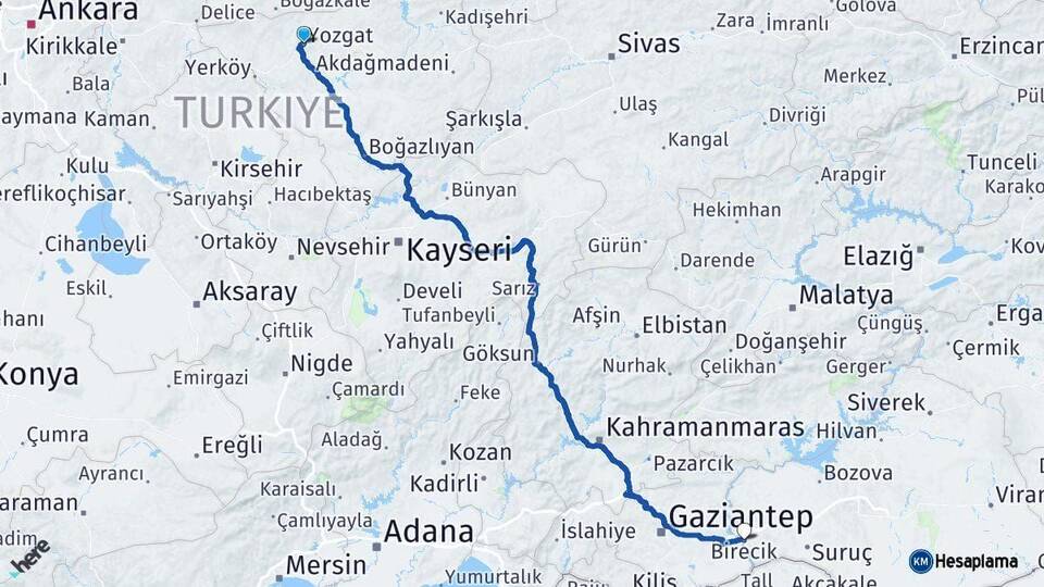 Yozgat Birecik Şanlıurfa Arası Kaç Km - Yol Haritası
