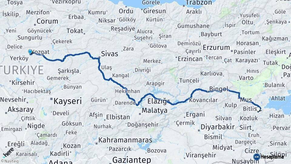 Yozgat Bitlis Arası Kaç Km - Yol Haritası