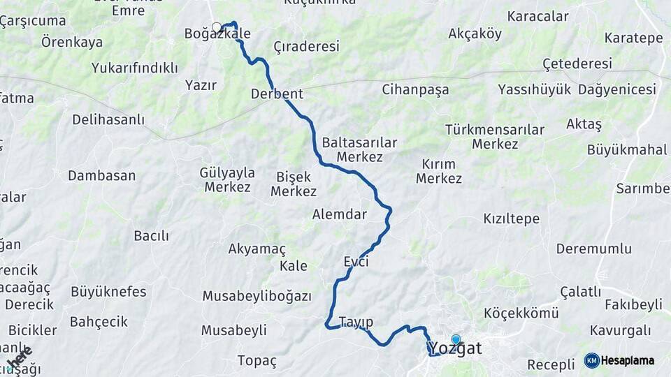 Yozgat Boğazkale Çorum Arası Kaç Km - Yol Haritası