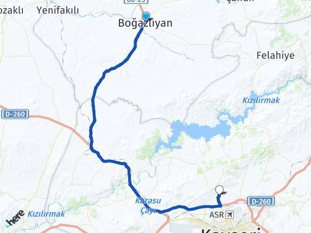 Yozgat Boğazlıyan Erkilet Kocasinan Kayseri Arası Kaç Km - Yol Haritası