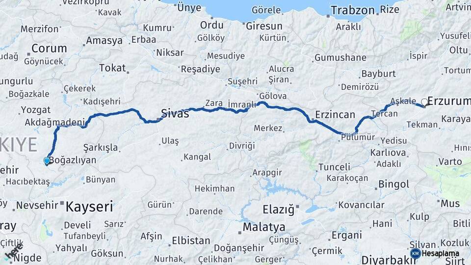Boğazlıyan Erzurum Arası Kaç Km - Yol Tarifi