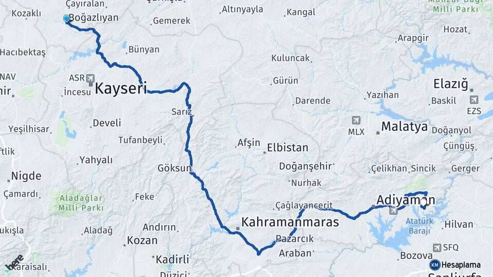 Yozgat Boğazlıyan Menzil Kahta Adıyaman Arası Kaç Km - Yol Haritası