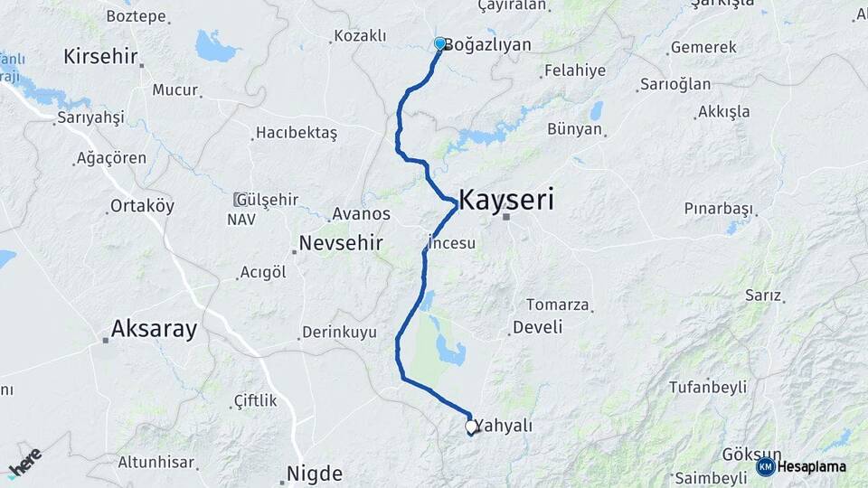 Yozgat Boğazlıyan Yahyalı Kayseri Arası Kaç Km - Yol Haritası