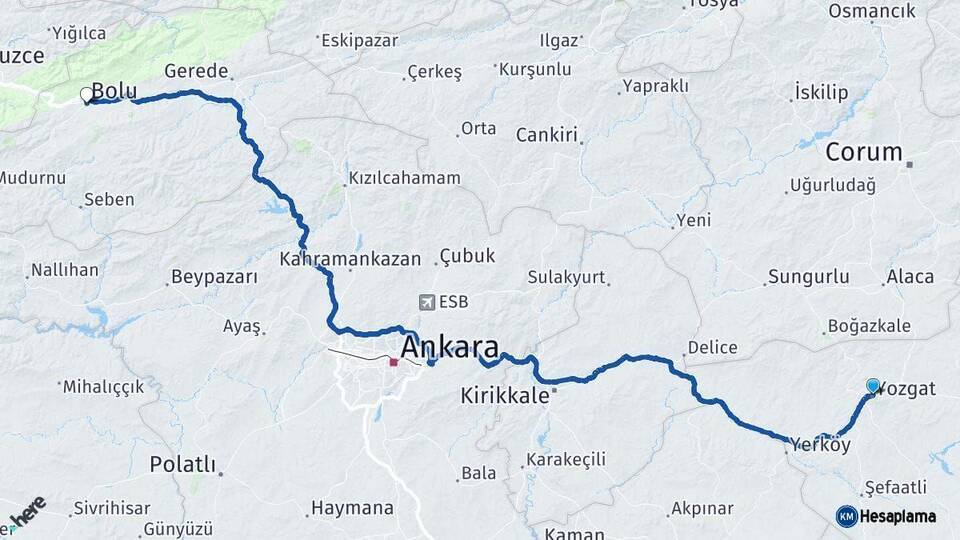 Yozgat Bolu Arası Kaç Km - Yol Haritası