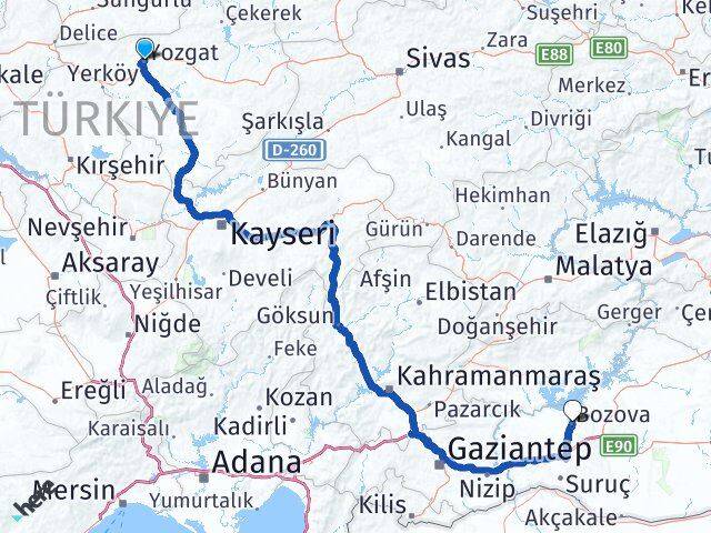Yozgat Bozova Şanlıurfa Arası Kaç Km - Yol Haritası
