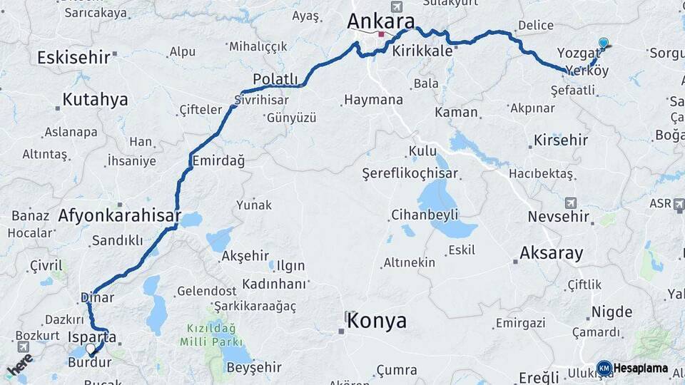 Yozgat Burdur Arası Kaç Km - Yol Haritası
