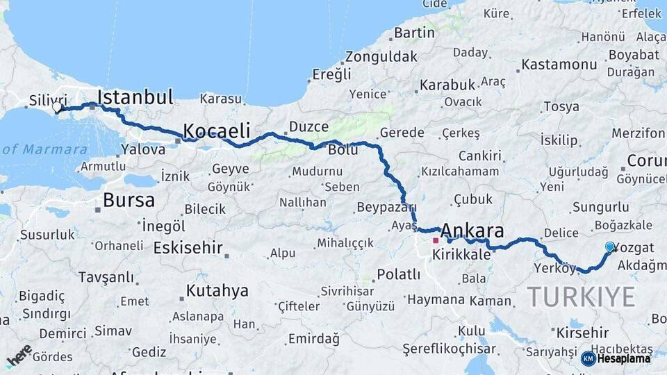 Yozgat Büyükçekmece İstanbul Arası Kaç Km - Yol Haritası
