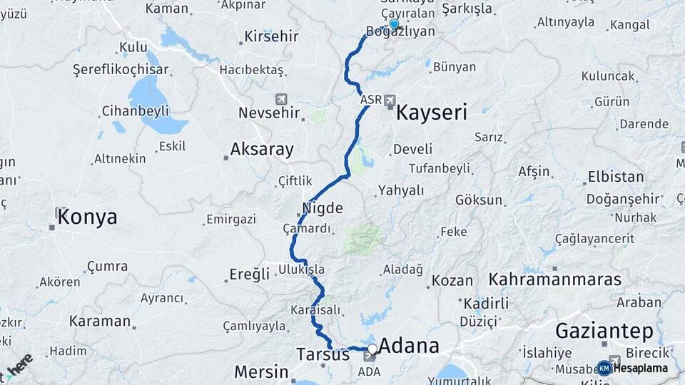 Yozgat Çandır Adana Arası Kaç Km - Yol Haritası