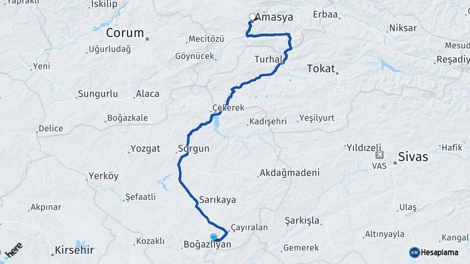 Yozgat Çandır Amasya Arası Kaç Km - Yol Haritası