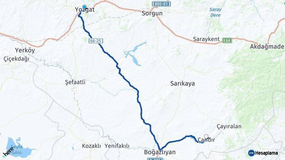 Yozgat Çandır Arası Kaç Km - Yol Haritası