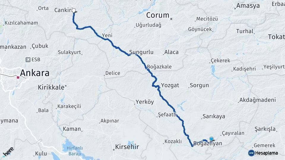 Yozgat Çandır Çankırı Arası Kaç Km - Yol Haritası