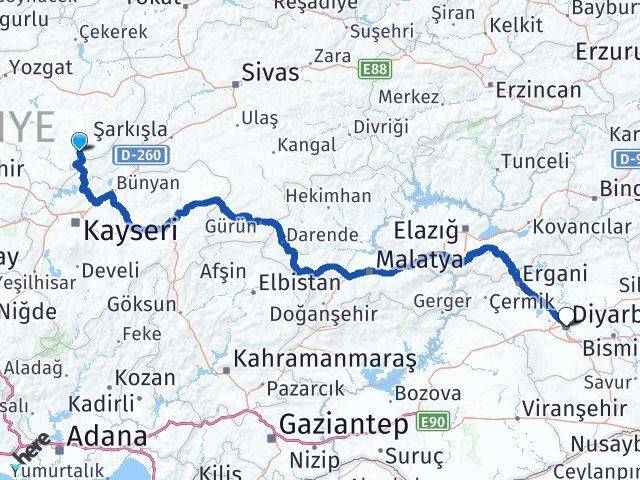 Yozgat Çandır Diyarbakır Arası Kaç Km - Yol Haritası