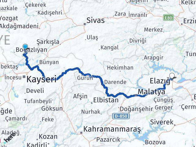 Yozgat Çandır Elazığ Arası Kaç Km - Yol Haritası