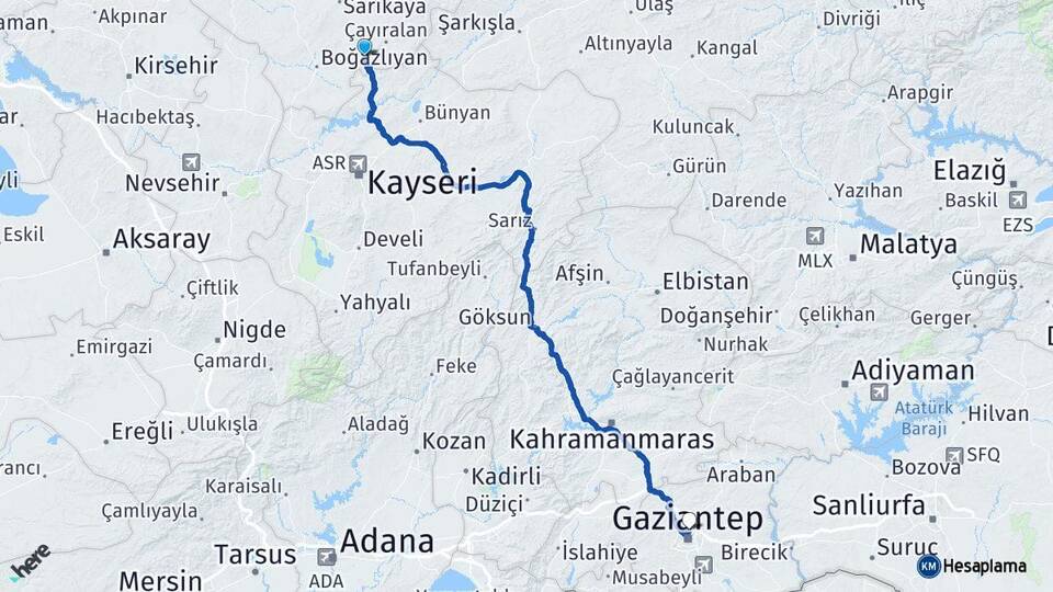 Yozgat Çandır Gaziantep Arası Kaç Km - Yol Haritası