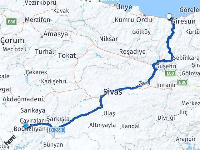 Yozgat Çandır Giresun Arası Kaç Km - Yol Haritası