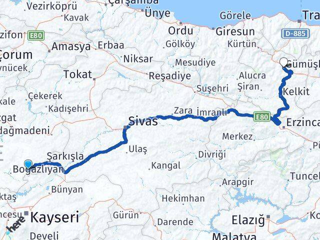 Yozgat Çandır Gümüşhane Arası Kaç Km - Yol Haritası