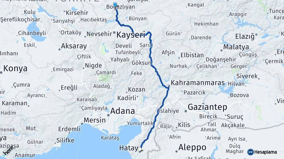 Yozgat Çandır Hatay Arası Kaç Km - Yol Haritası