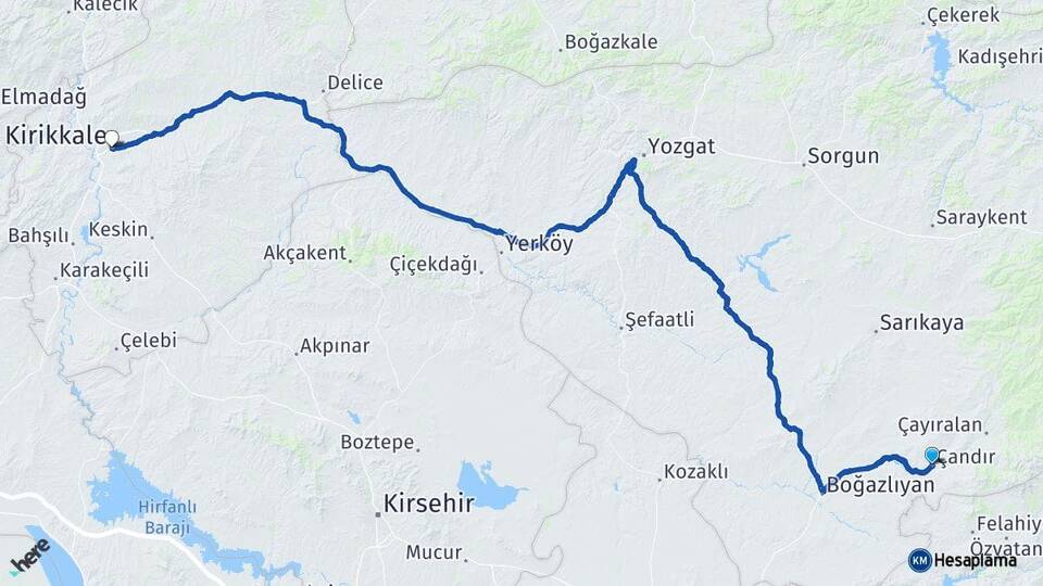 Yozgat Çandır Kırıkkale Arası Kaç Km - Yol Haritası