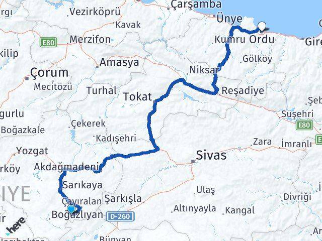 Yozgat Çandır Ordu Arası Kaç Km - Yol Haritası