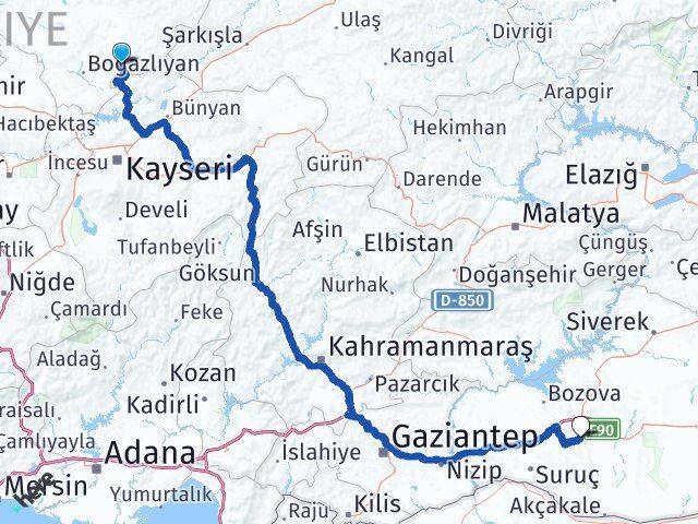 Yozgat Çandır Şanlıurfa Arası Kaç Km - Yol Haritası