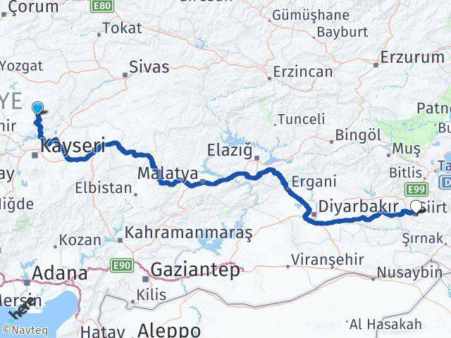 Yozgat Çandır Siirt Arası Kaç Km - Yol Haritası