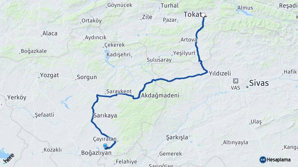Yozgat Çandır Tokat Arası Kaç Km - Yol Haritası
