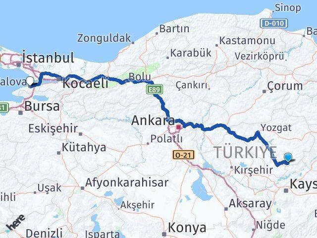 Yozgat Çandır Yalova Arası Kaç Km - Yol Haritası