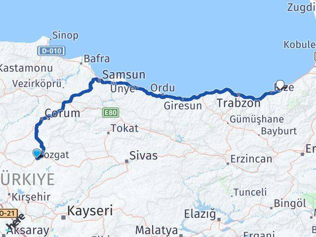 Yozgat Çayeli Rize Arası Kaç Km - Yol Haritası