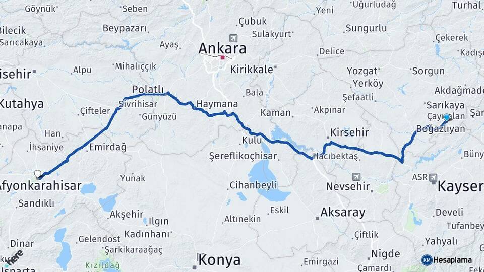 Yozgat Çayıralan Afyonkarahisar Arası Kaç Km - Yol Haritası