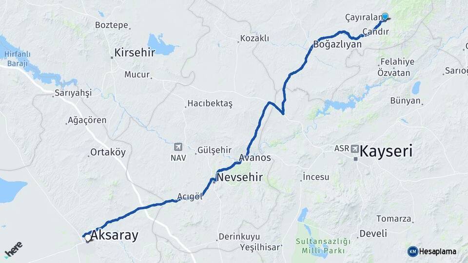 Yozgat Çayıralan Aksaray Arası Kaç Km - Yol Haritası