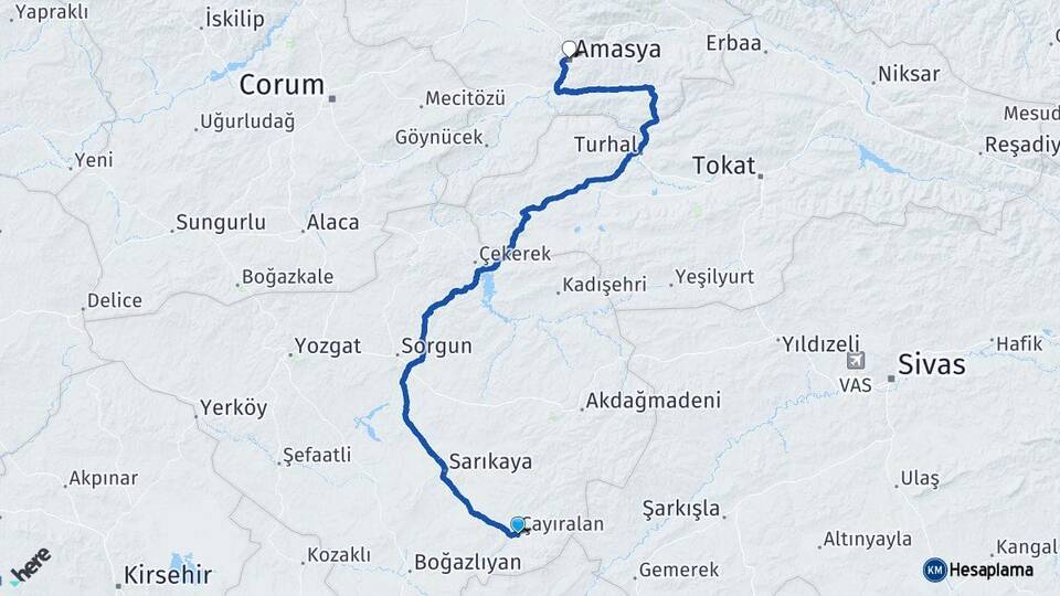 Yozgat Çayıralan Amasya Arası Kaç Km - Yol Haritası