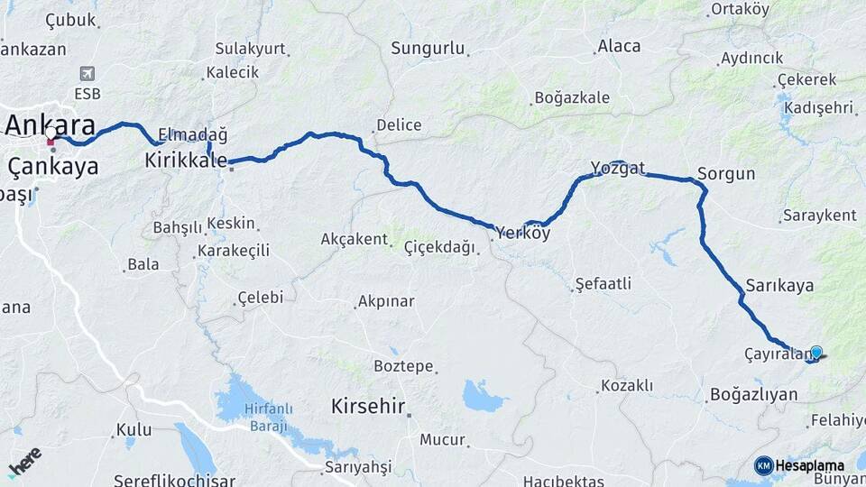 Yozgat Çayıralan Ankara Arası Kaç Km - Yol Haritası