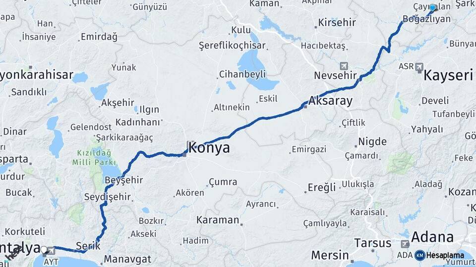 Yozgat Çayıralan Antalya Arası Kaç Km - Yol Haritası